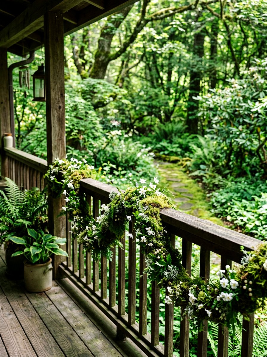Moss garland for porch railing - 25 Spring Porch Railing Decor Ideas