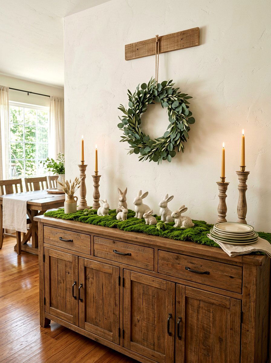 Moss runner with bunnies - 25 Spring Dining Room Buffet Ideas