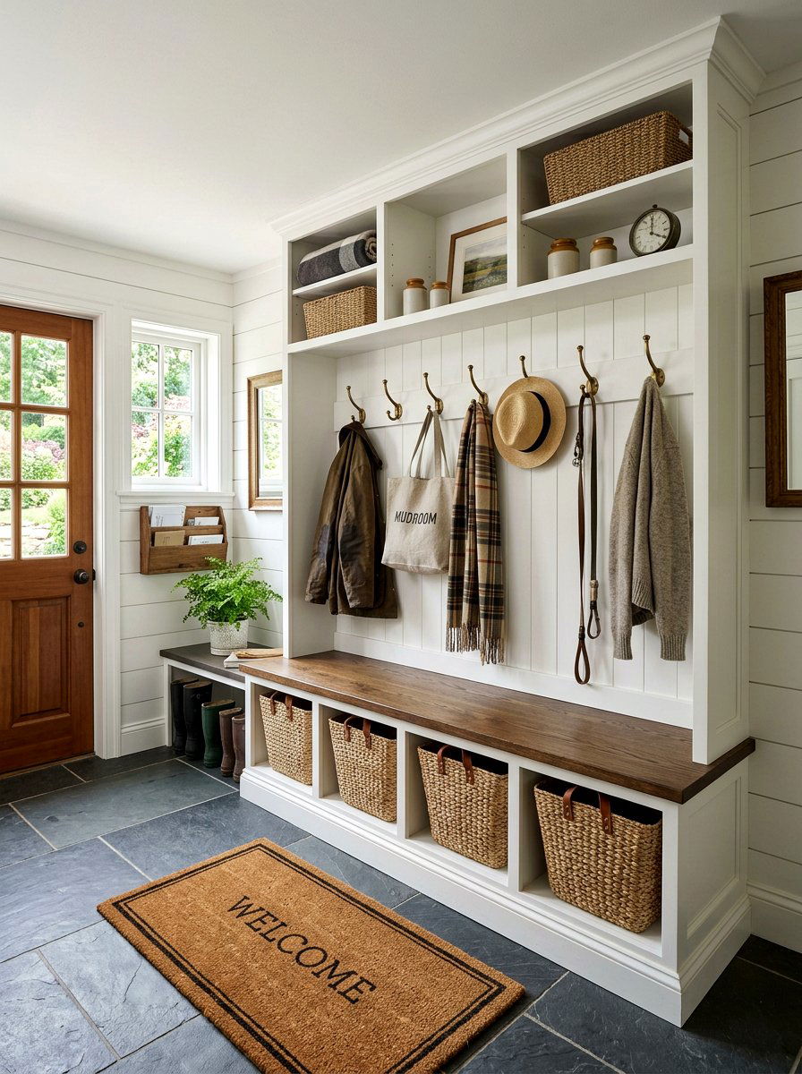 Mudroom Bench Basket Organization - 25 Spring Seagrass Basket Decor Ideas