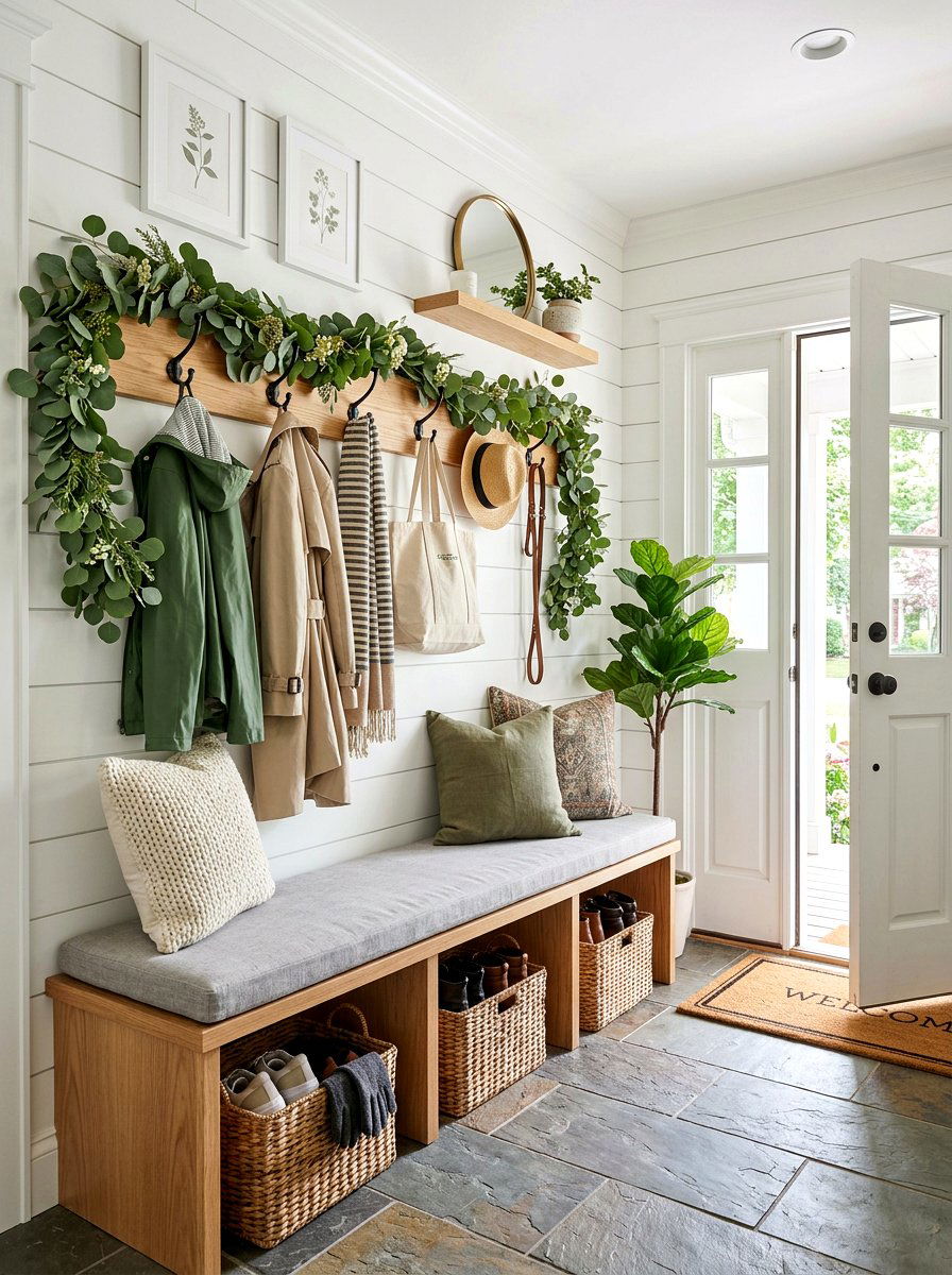 Mudroom Bench Decor - 25 Spring Eucalyptus Garland Ideas