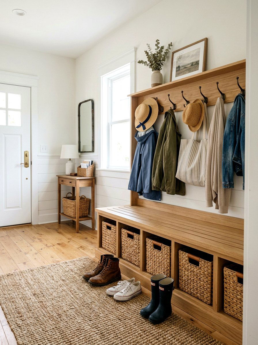 Mudroom Bench Organization - 25 Spring Cottage Decor Ideas