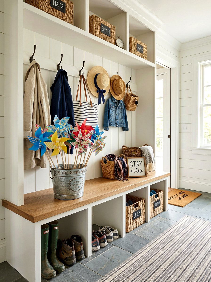 Mudroom Bench Pinwheel Display - 25 Spring Pinwheel Decor Ideas