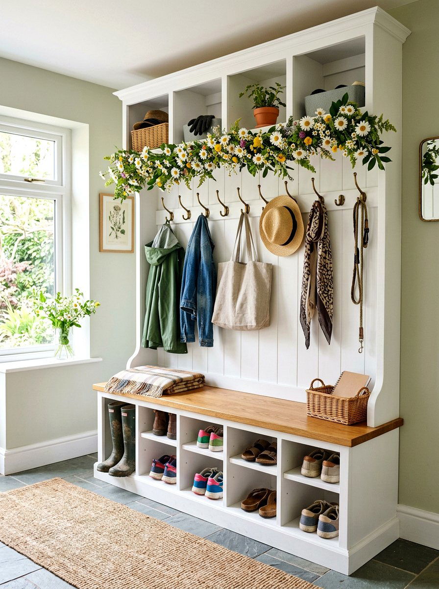 Mudroom Bench Spring Garland - 25 Spring Floral Garland Ideas