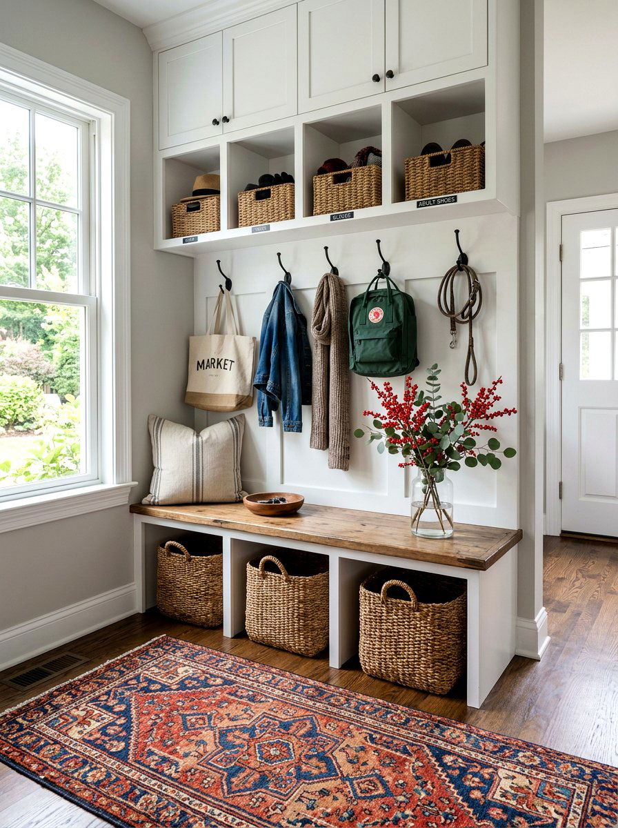 Mudroom Bench With Berry Branch Accent - 25 Spring Berry Branch Decor Ideas