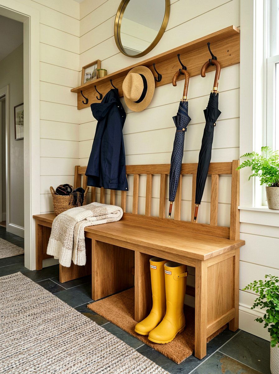 Mudroom Umbrella Bench Setup - 25 Spring Umbrella Decor Ideas