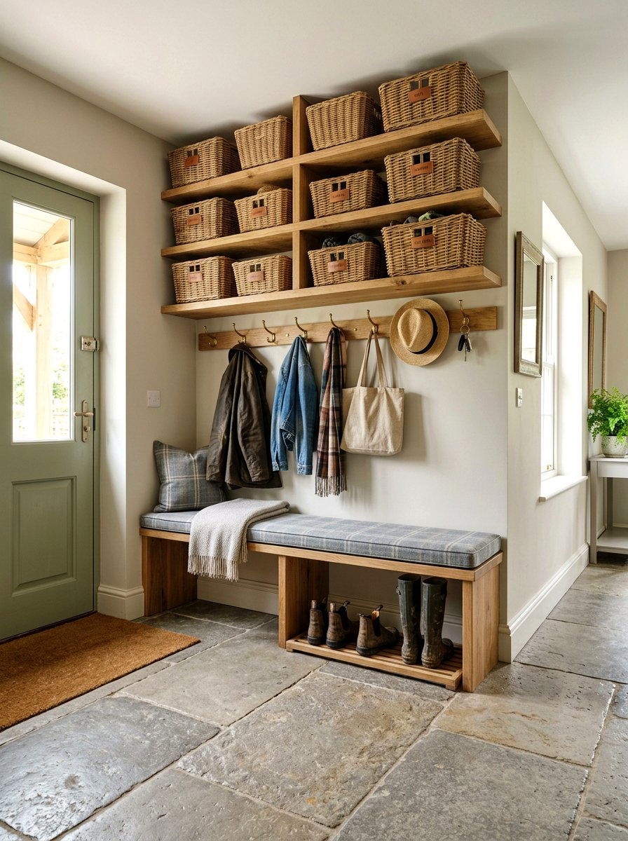 Mudroom With Wicker Storage Baskets - 25 Spring Wabi Sabi Decor Ideas