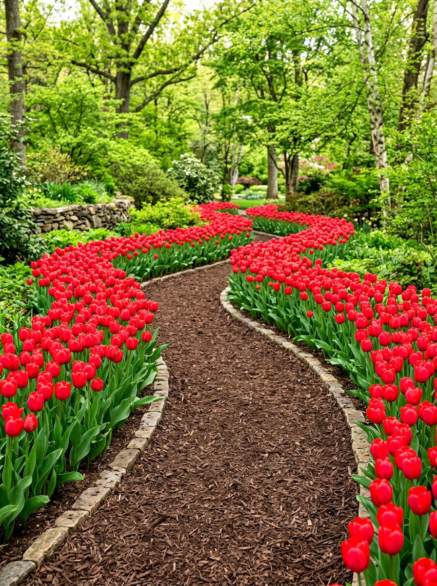 Mulch Path With Tulip Borders - 25 Spring Pathway Decor Ideas