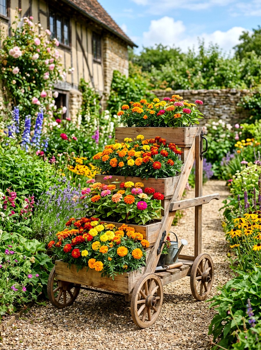 Multi Level Wooden Step Cart - 25 Spring Garden Cart Display Ideas