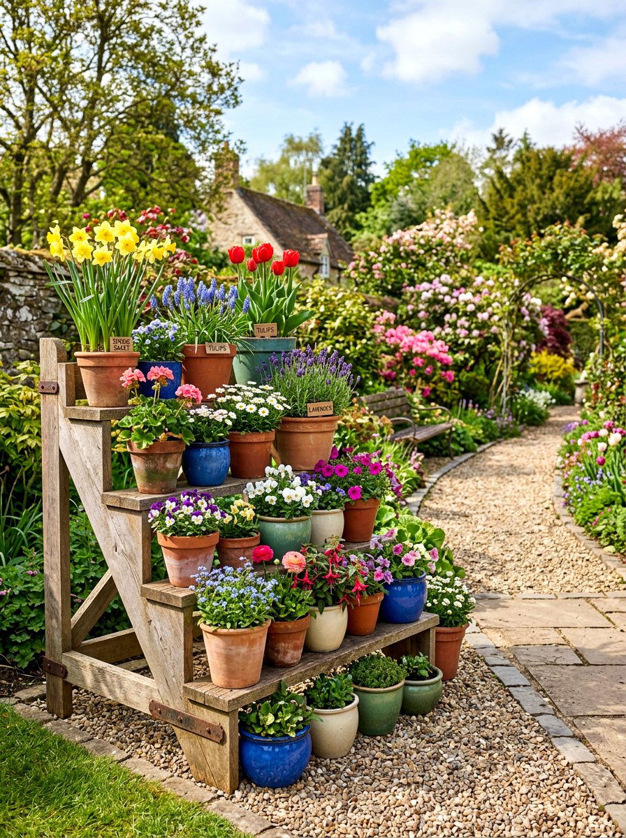 Multi level planter display - 25 Spring Front Walkway Decor Ideas