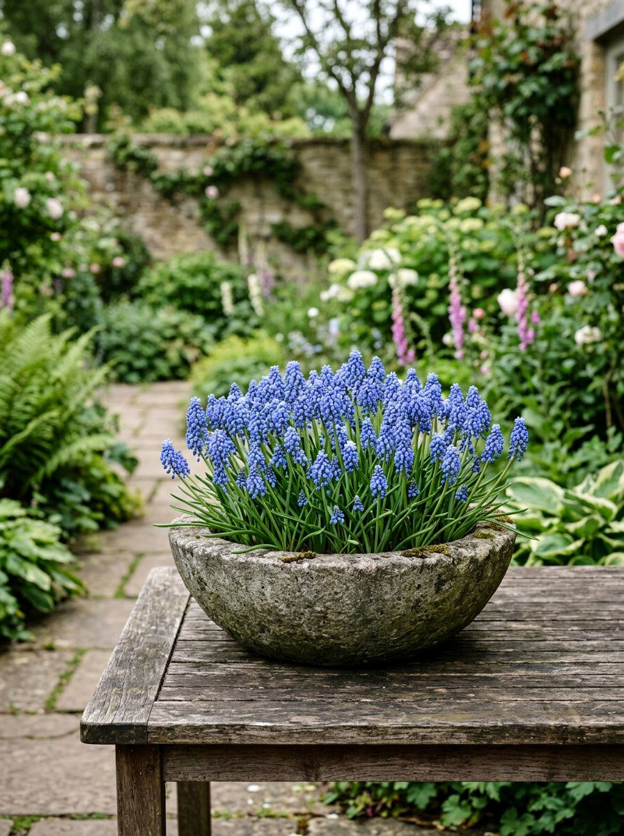 Muscari Bowl - 25 Spring Bulb Planter Ideas