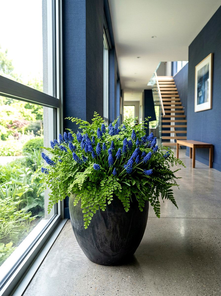 Muscari and fern display - 25 Spring Muscari Arrangement Ideas