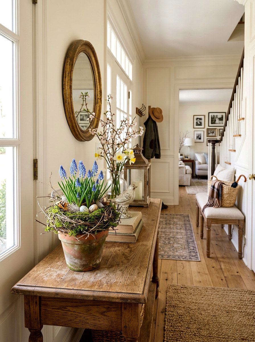 Muscari and nest spring decor - 25 Spring Muscari Arrangement Ideas