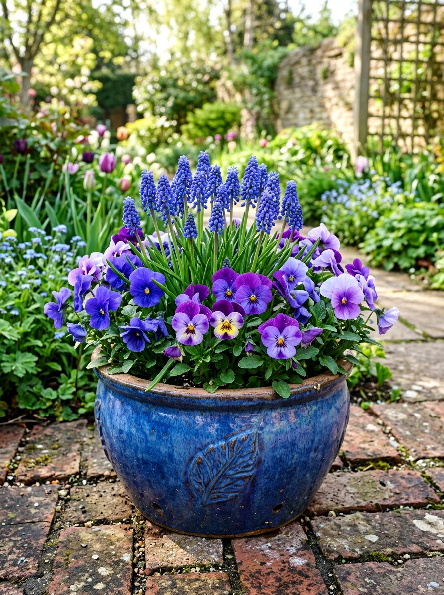 Muscari and pansy garden pot - 25 Spring Muscari Arrangement Ideas