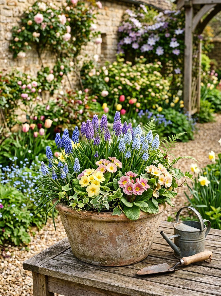 Muscari and primrose container - 25 Spring Muscari Arrangement Ideas