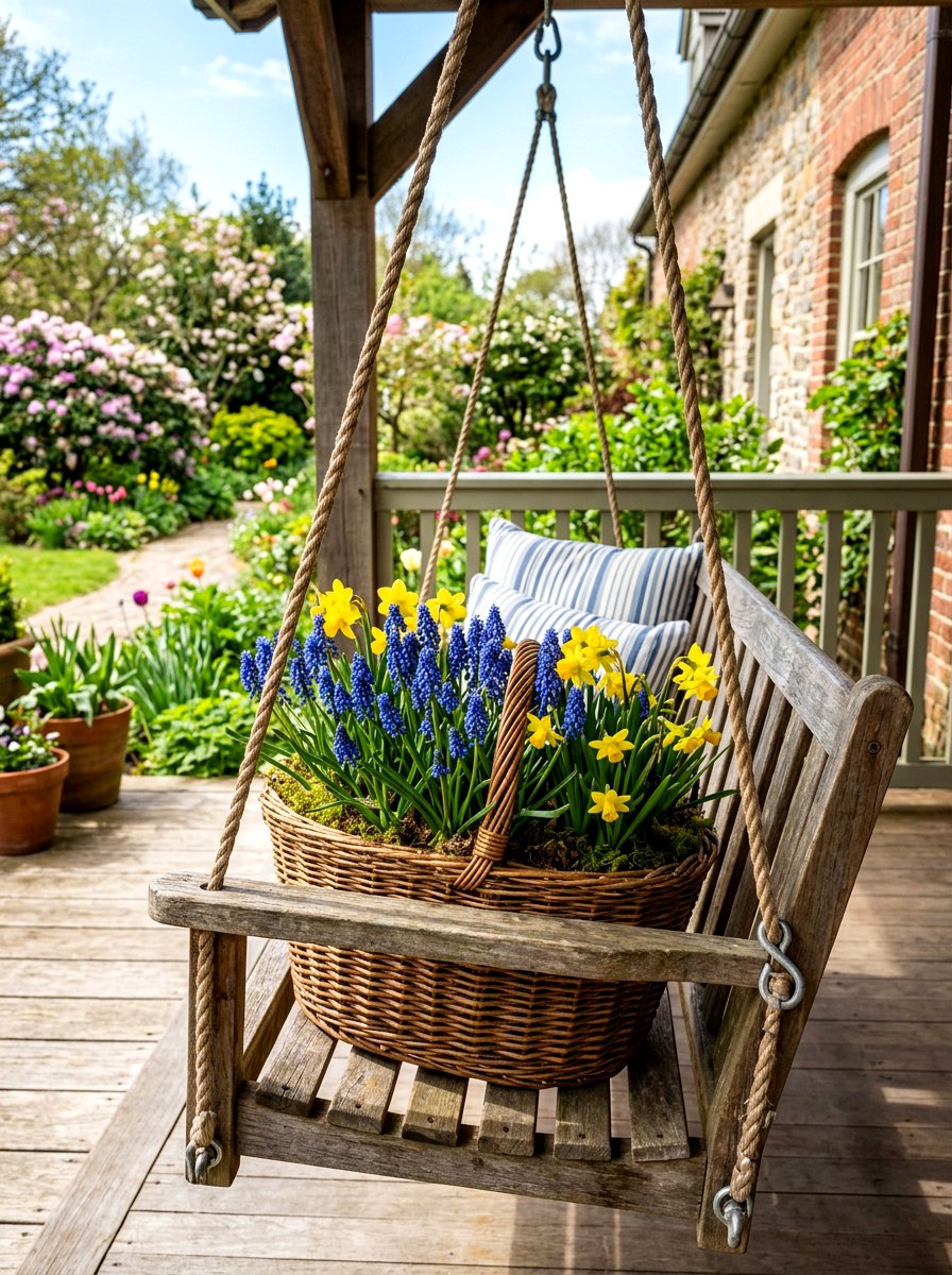 Muscari and yellow daffodil basket - 25 Spring Muscari Arrangement Ideas