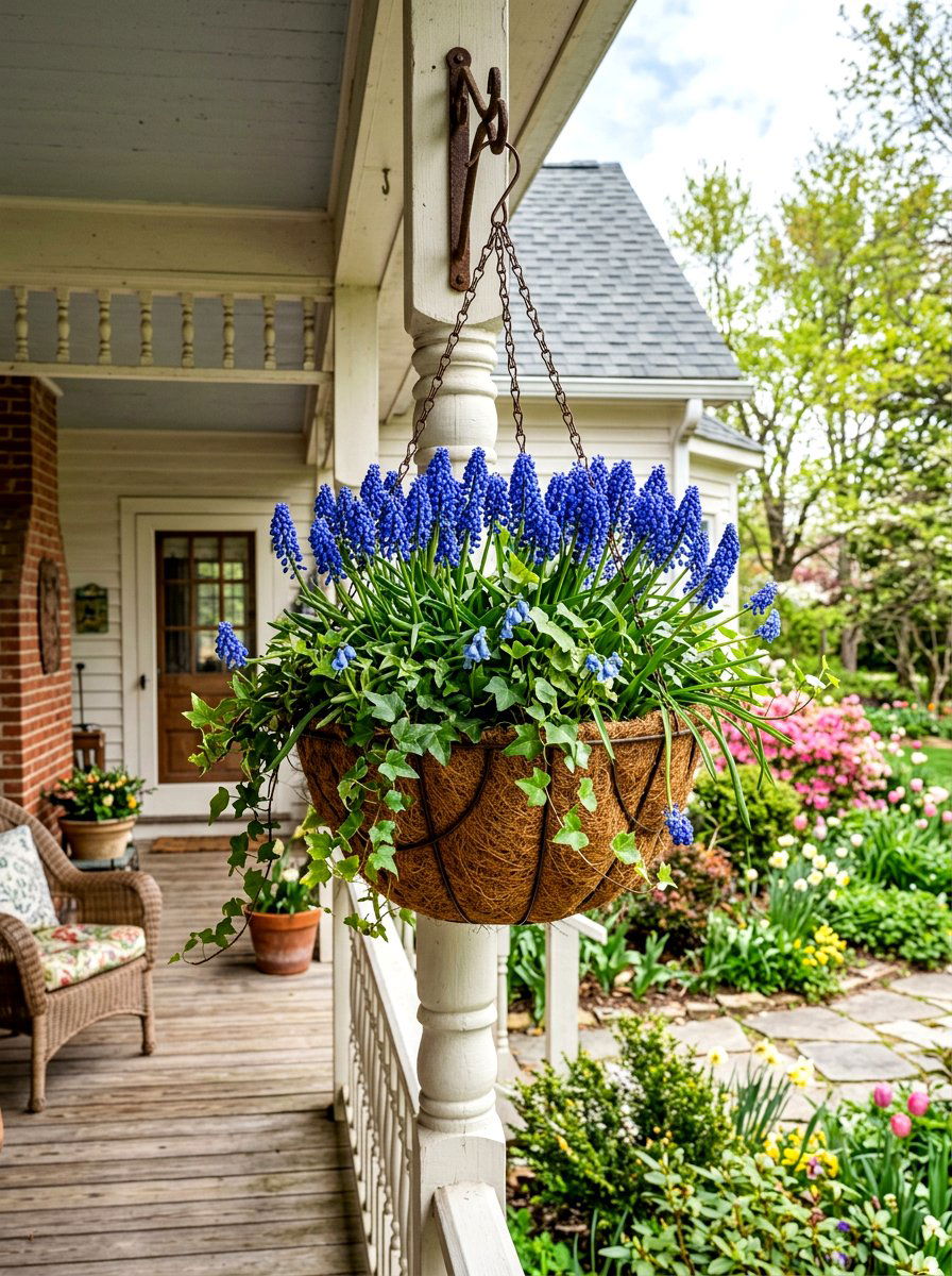 Muscari bulb basket for porch - 25 Spring Muscari Arrangement Ideas