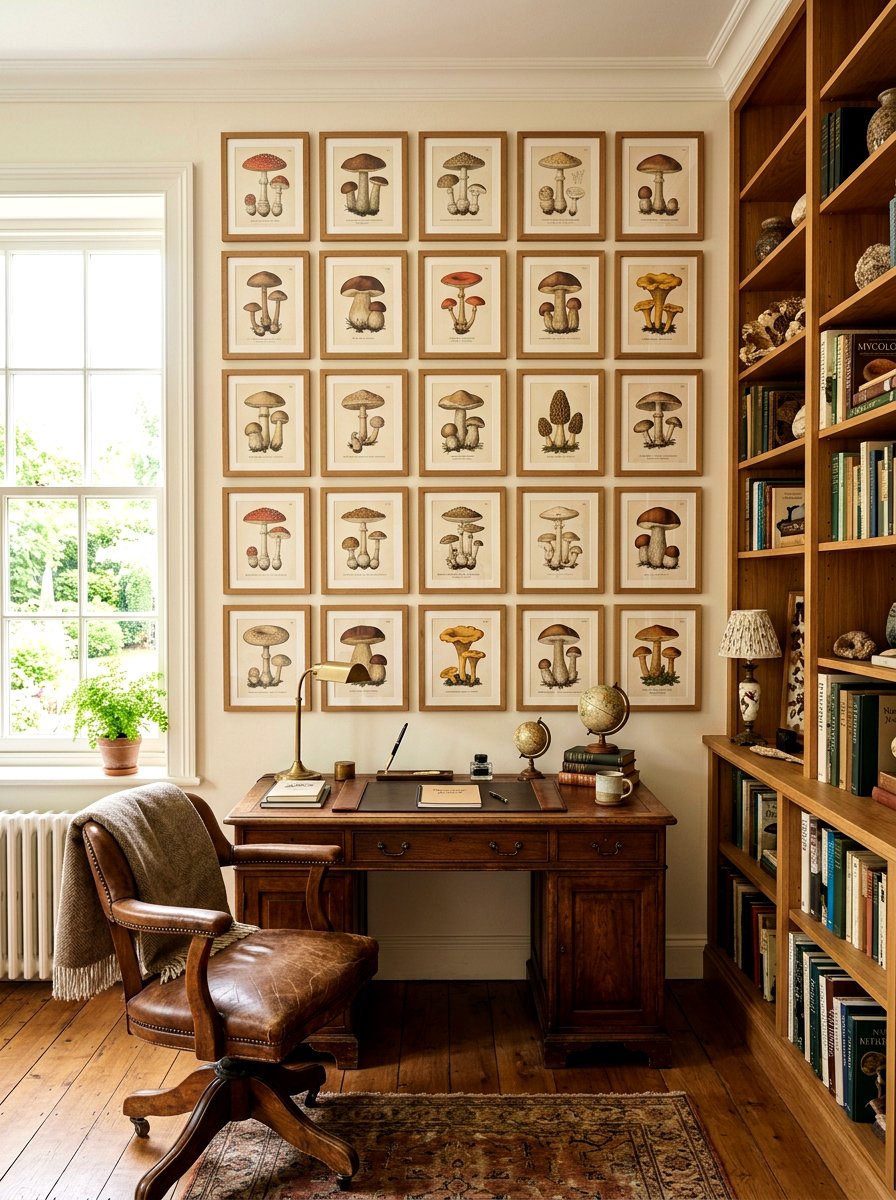 Mushroom botanical print gallery wall - 25 Spring Mushroom Decor Ideas