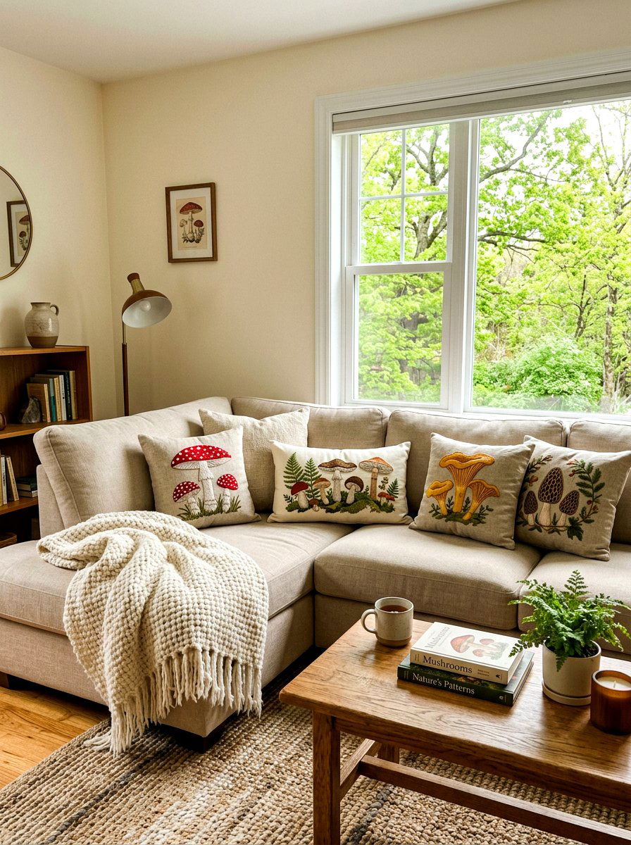 Mushroom embroidery throw pillow - 25 Spring Mushroom Decor Ideas