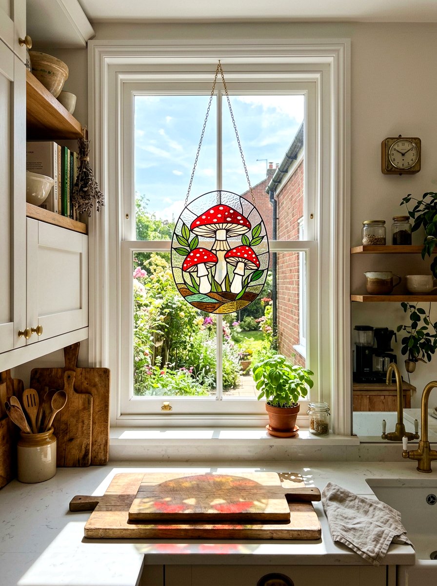 Mushroom stained glass window hanging - 25 Spring Mushroom Decor Ideas