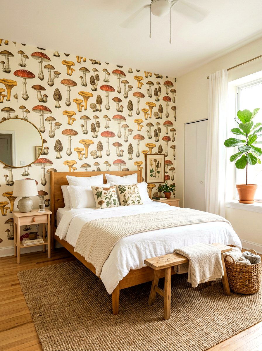 Mushroom wallpaper accent wall - 25 Spring Mushroom Decor Ideas