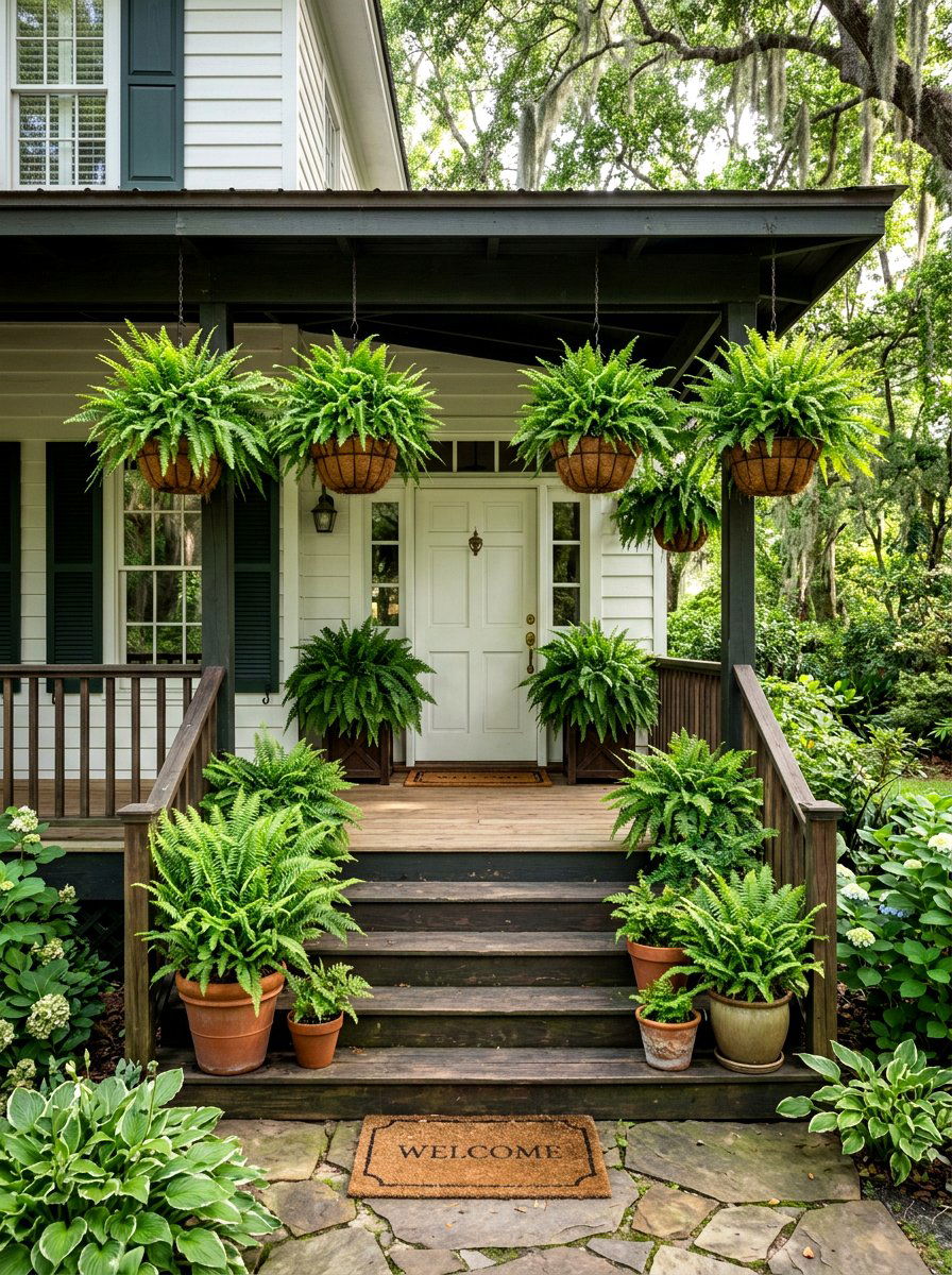 Natural Fern Front Entry - 25 Spring Porch Step Decor Ideas