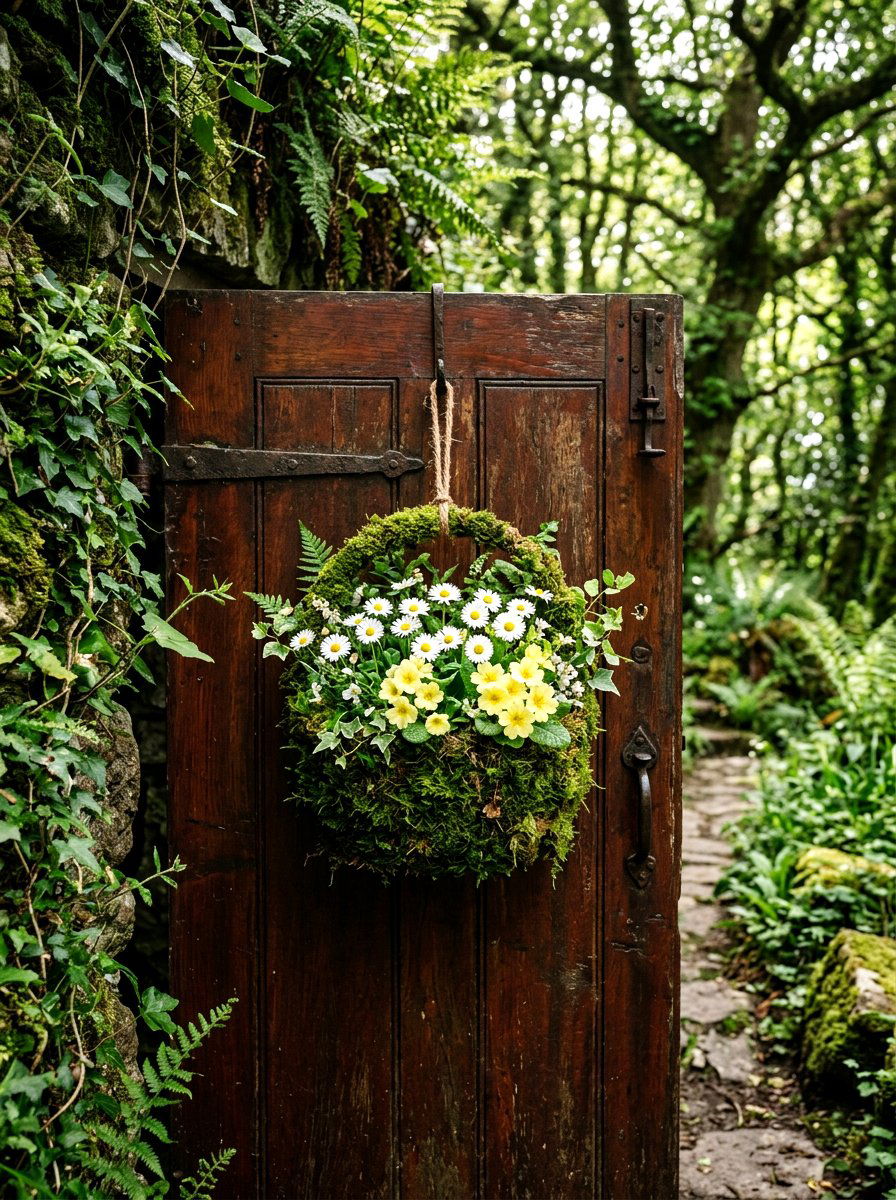 Natural Moss Covered Basket - 25 Spring DIY Door Basket Ideas