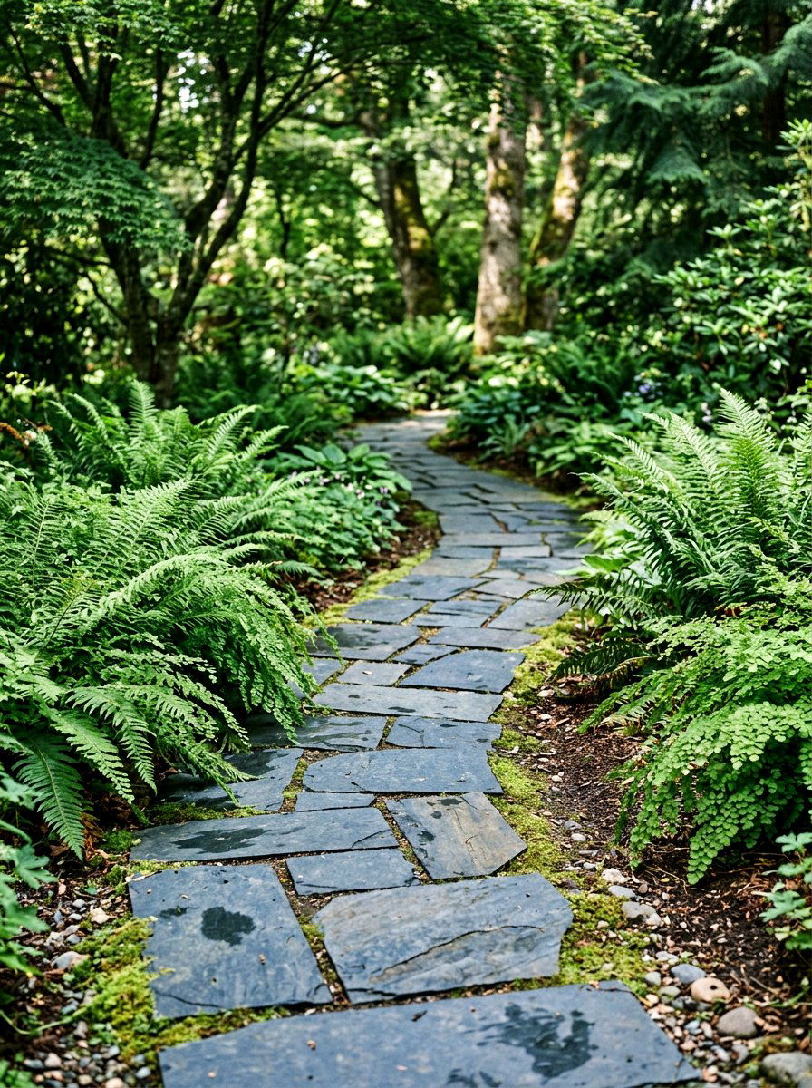 Natural Slate Path With Ferns - 25 Spring Pathway Decor Ideas