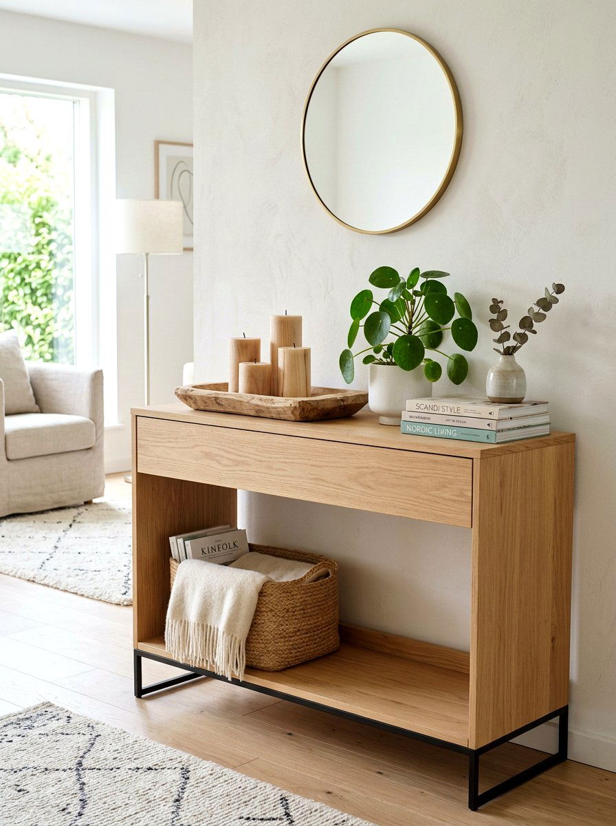 Natural Wood Accents - 25 Spring Console Table Decor Ideas