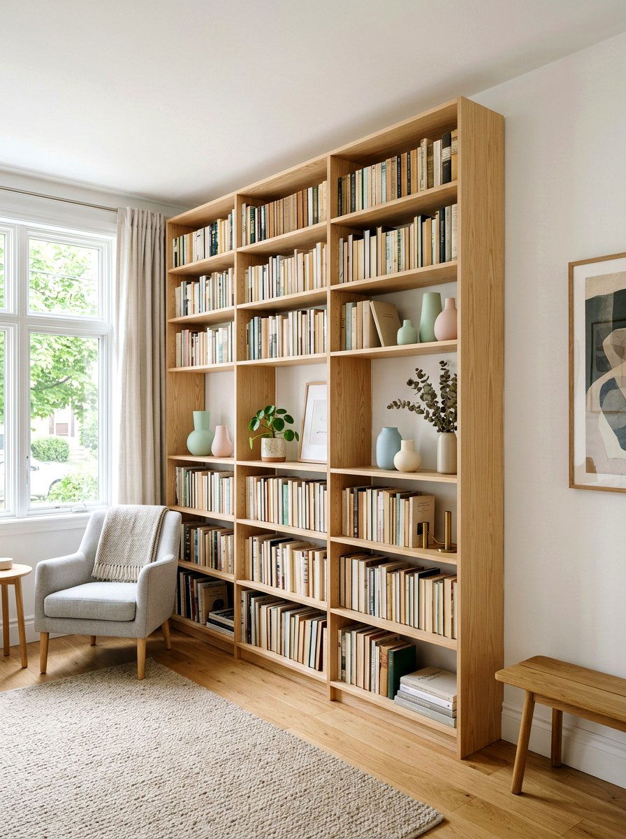 Natural Wood Bookshelf - 25 Spring Living Room Decor Ideas