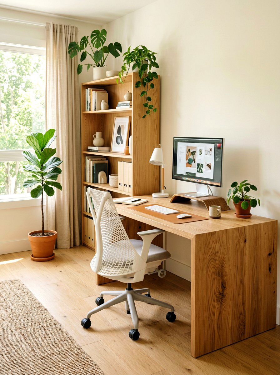 Natural Wood Desk - 25 Spring Home Office Decor Ideas