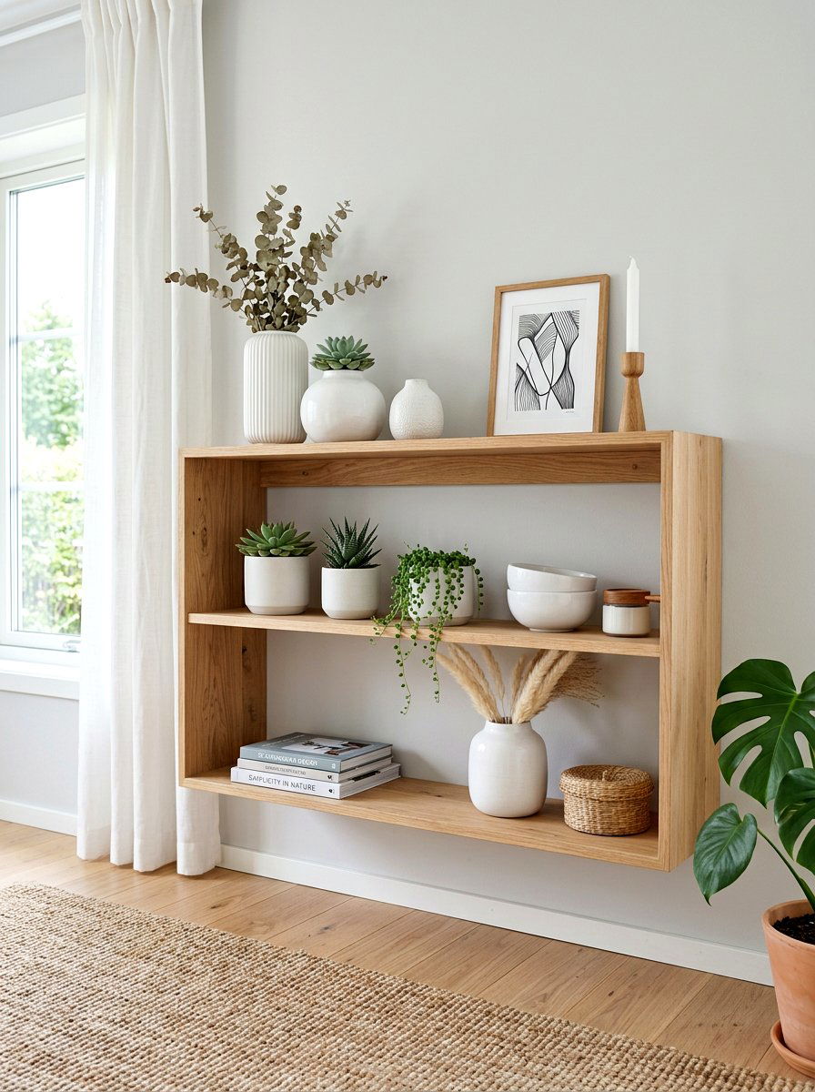 Natural Wood Shelf - 25 Spring Bookshelf Styling Ideas
