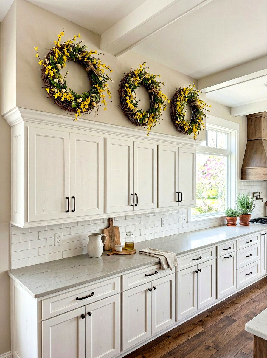 Natural grapevine wreaths - 25 Spring Above Cabinet Decor Ideas