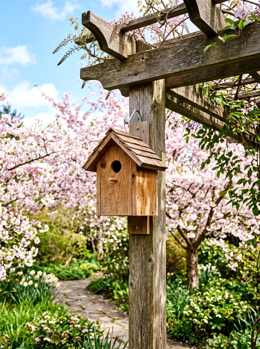 Natural wood birdhouse - 25 Spring Pergola Hanging Decor Ideas