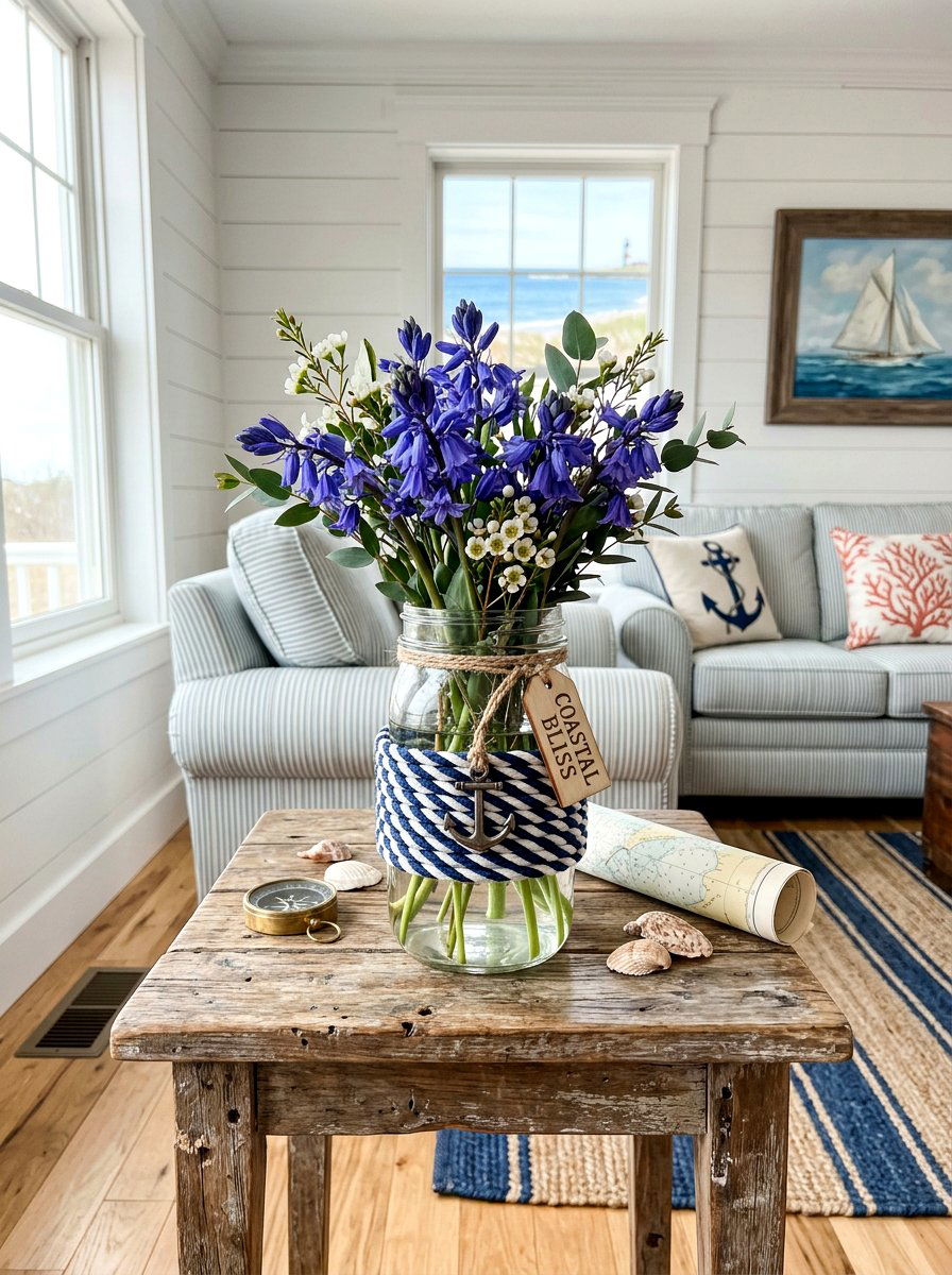 Nautical Mason Jar With Bluebells - 25 Spring Mason Jar Flower Ideas