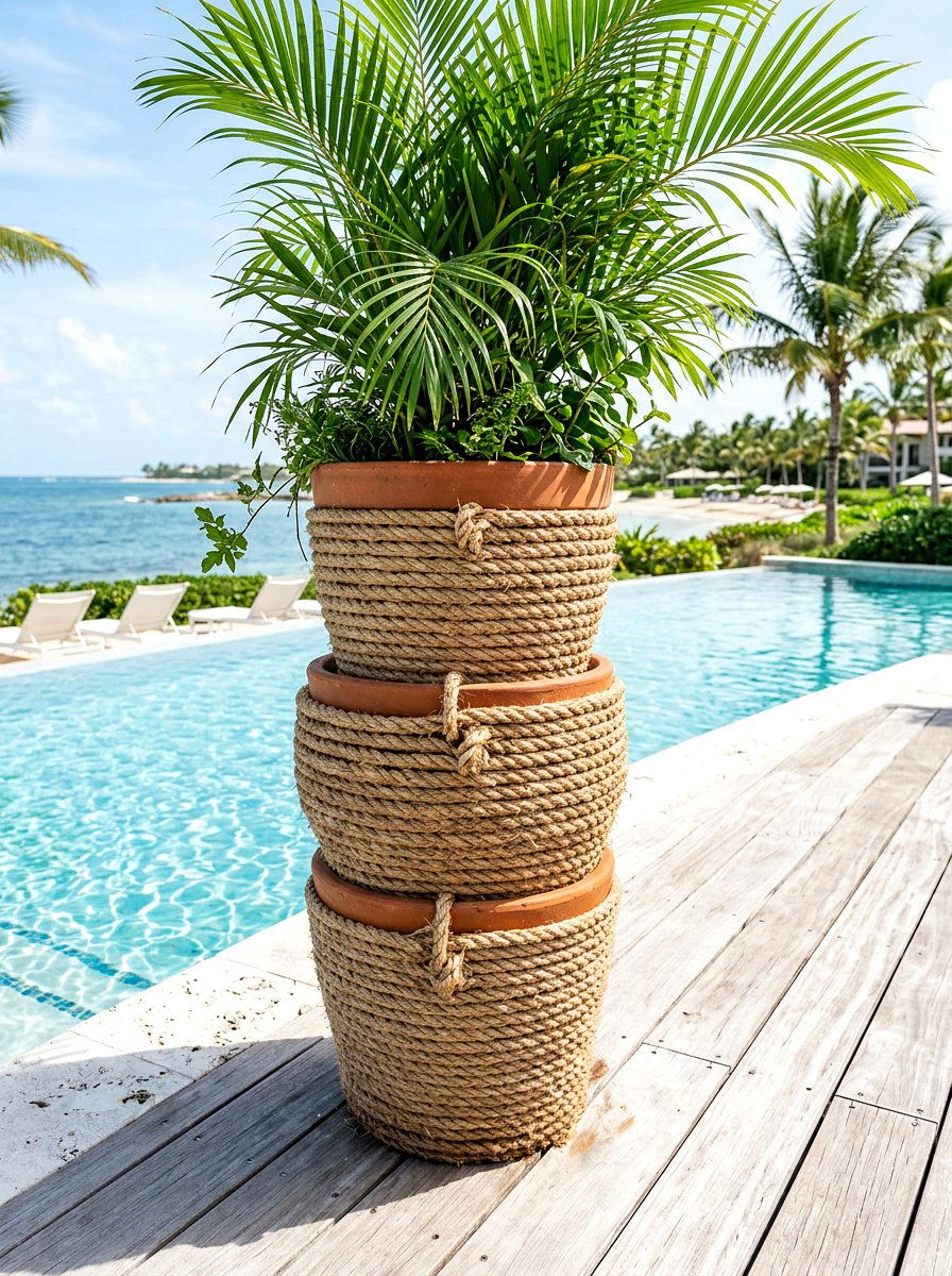 Nautical Rope Wrapped Pot Stack - 25 Spring Clay Pot Stack Ideas