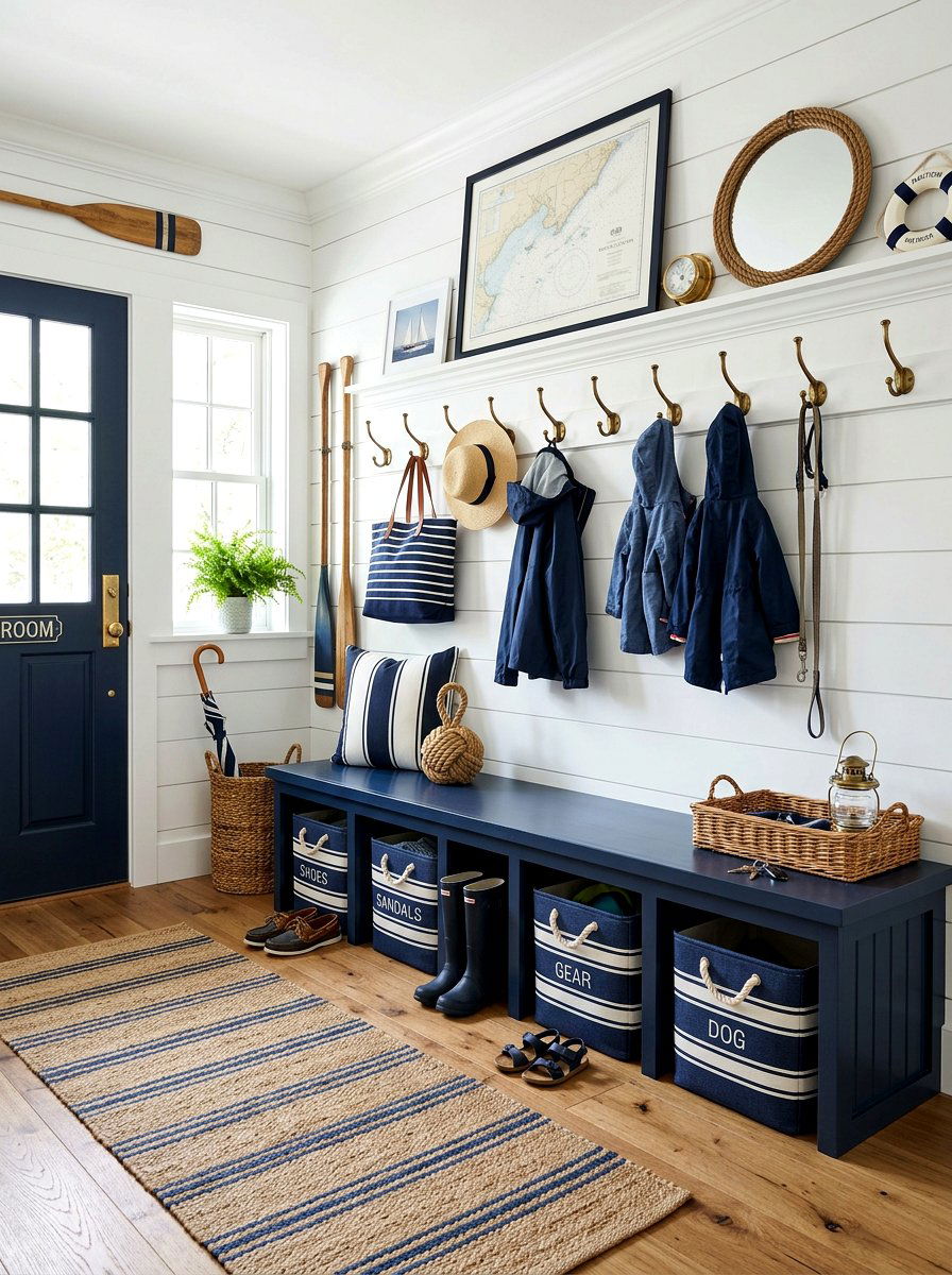 Nautical Style Mudroom With Navy Benches - 25 Spring Beach House Decor Ideas