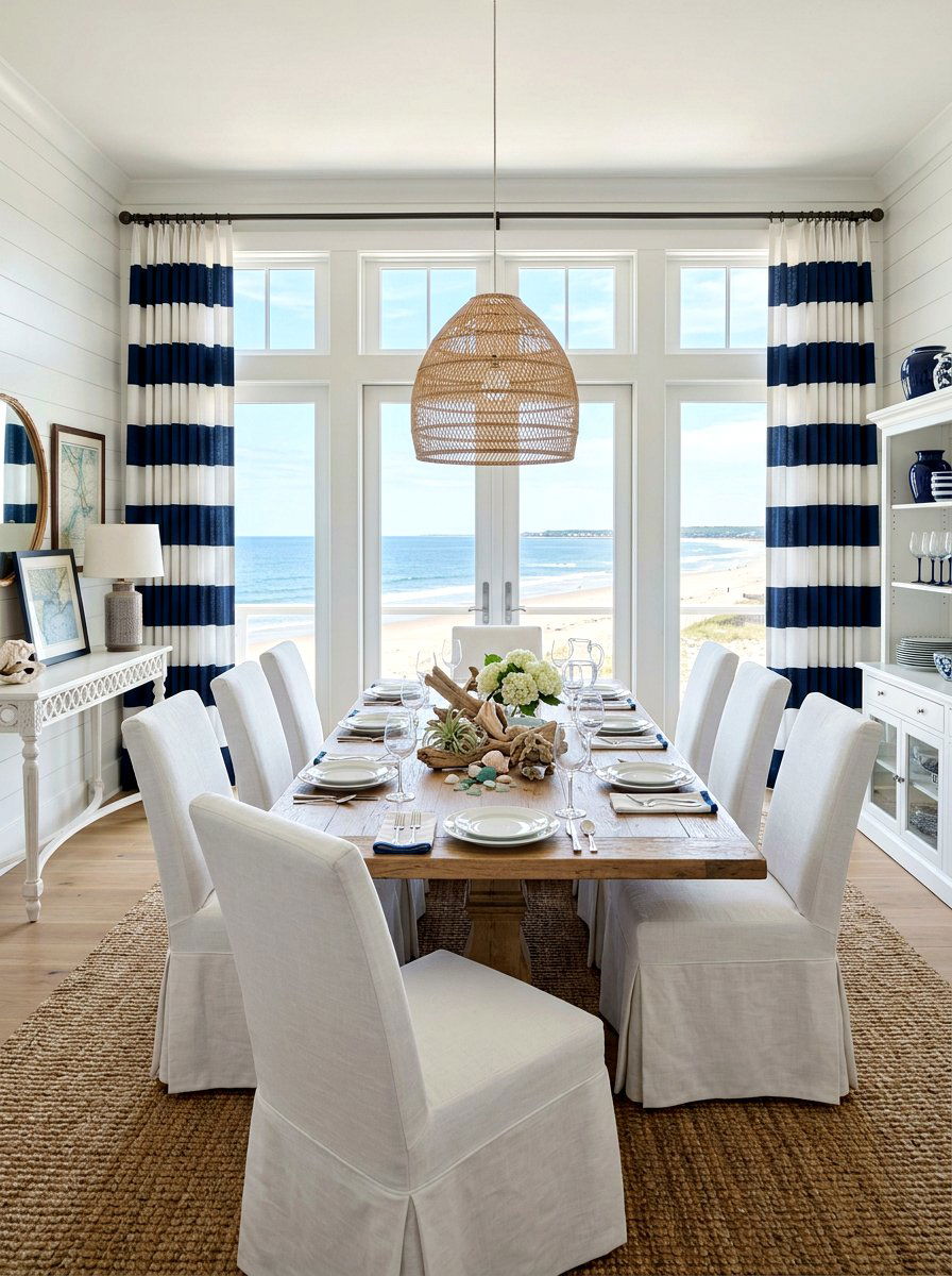 Navy And White Coastal Curtain - 25 Spring Dining Room Curtain Ideas