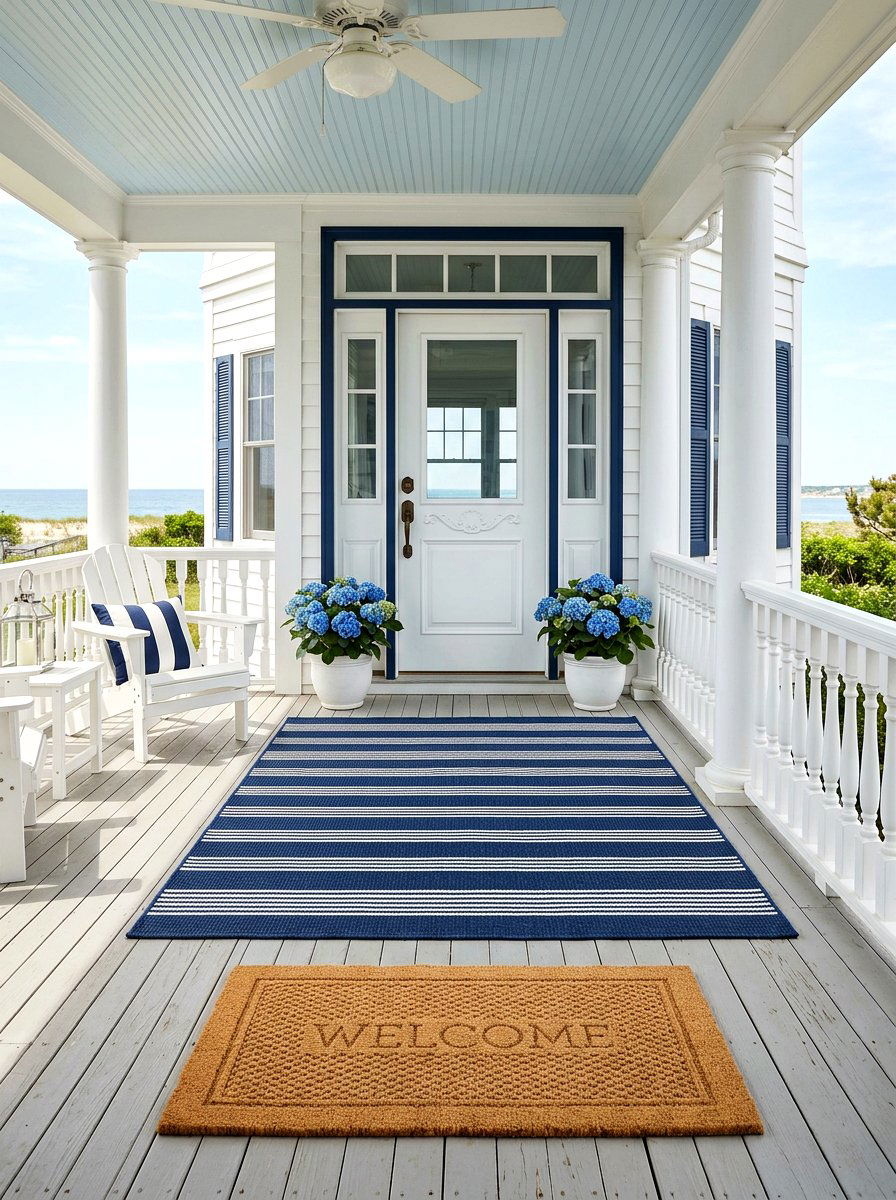 Navy Blue Striped Porch Rug - 25 Spring Doormat Layering Ideas