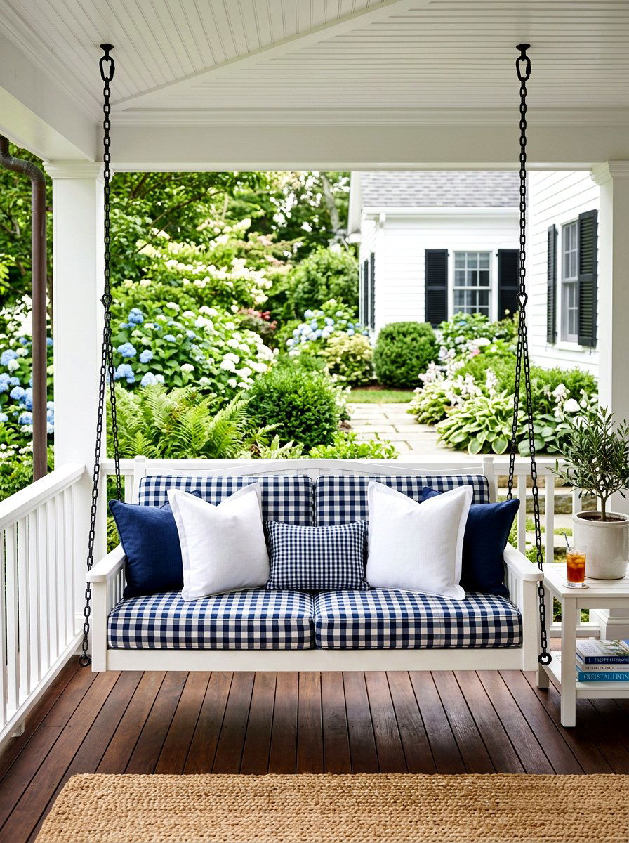 Navy Gingham Swing - 25 Spring Porch Swing Decor Ideas