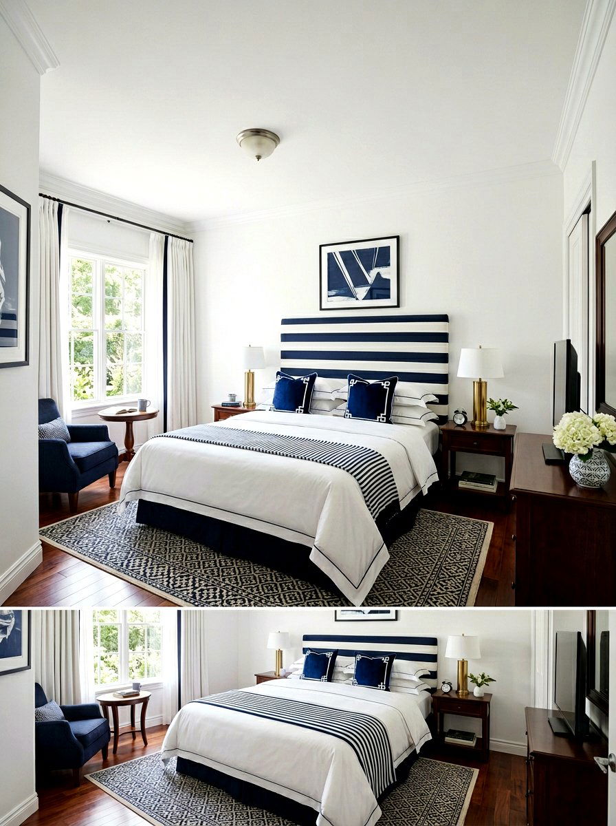 Navy White Stripe Guest Room - 25 Spring Striped Decor Ideas
