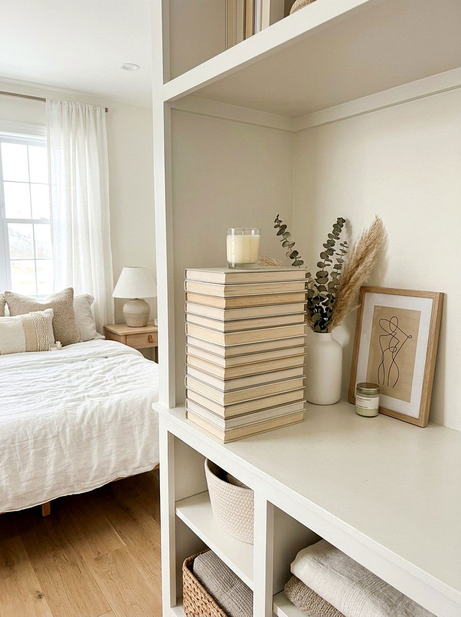 Neutral Book Stack - 25 Spring Bedroom Shelf Ideas