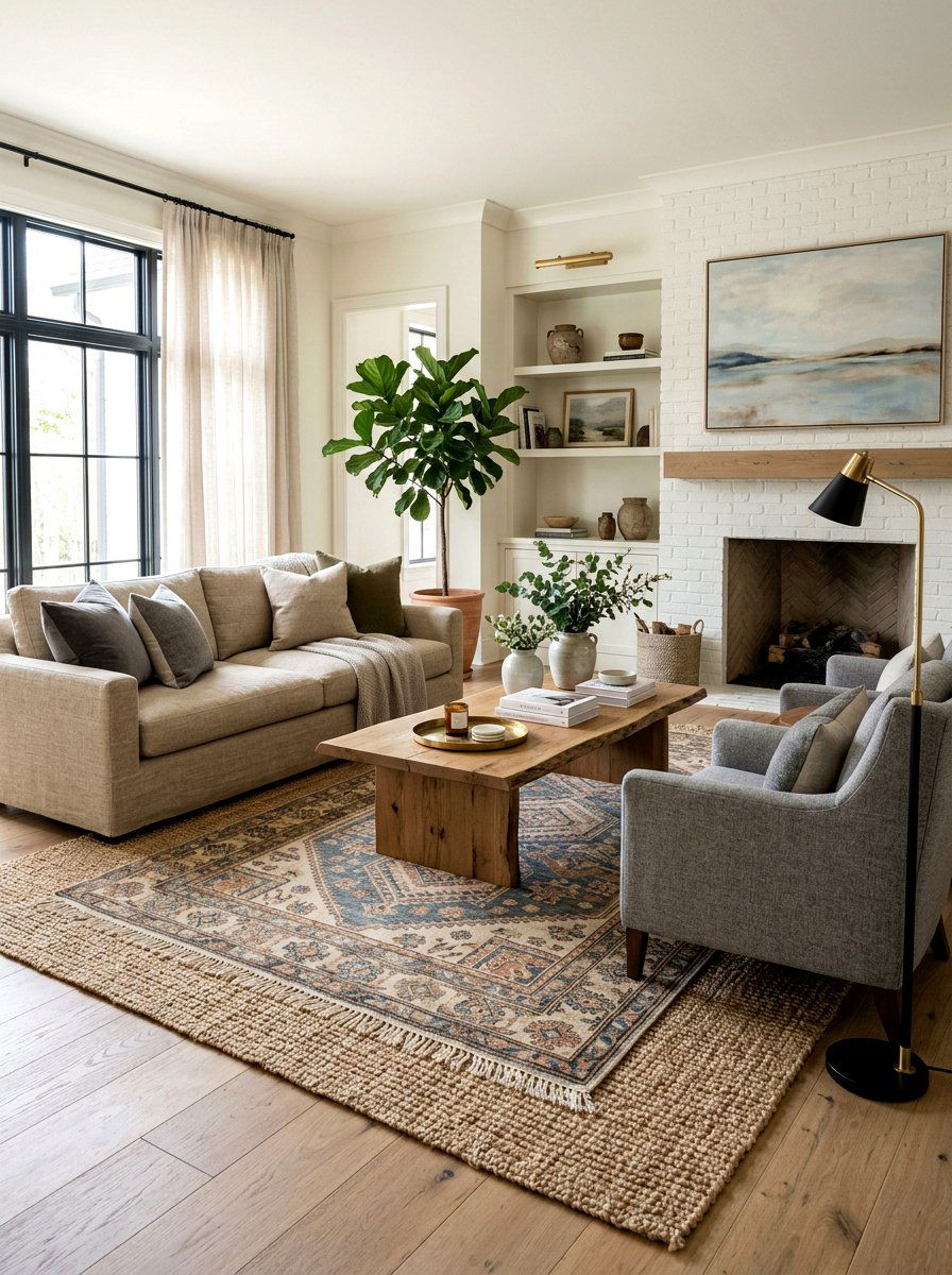 Neutral Layered Rug - 25 Spring Living Room Rug Ideas
