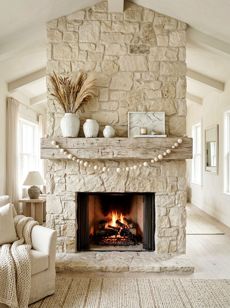 Neutral Mantel Texture - 25 Spring Stone Fireplace Decor Ideas