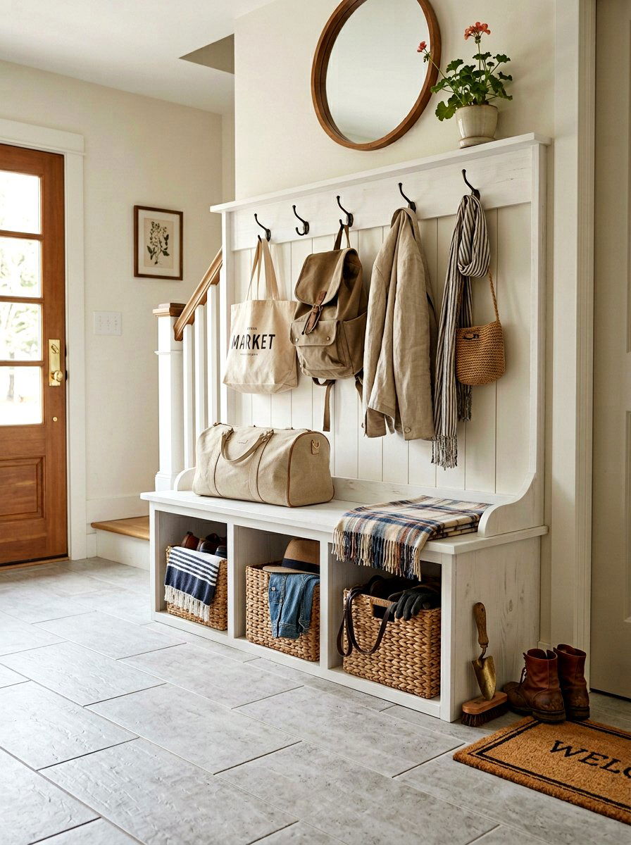 Neutral Mudroom Bench - 25 Spring Neutral Decor Ideas