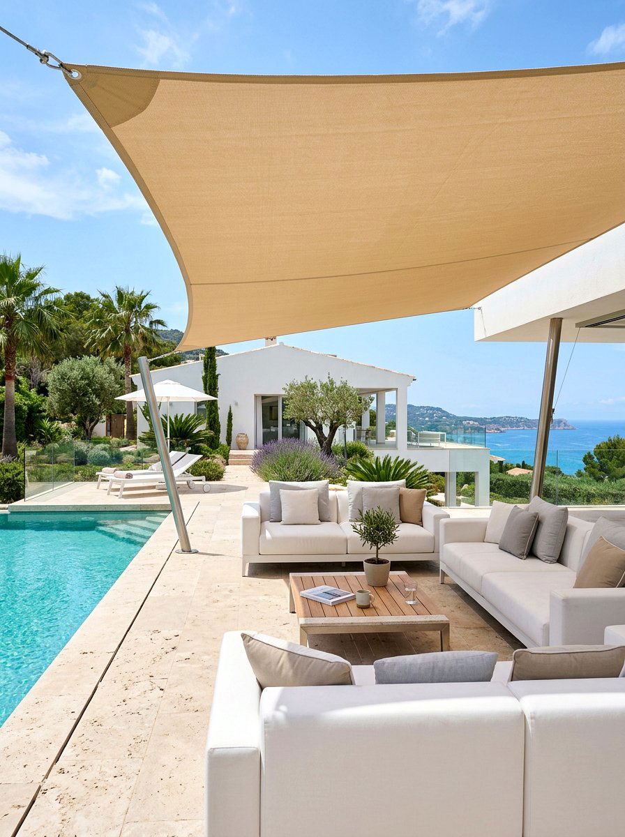 Neutral Shade Sail - 25 Spring Poolside Decor Ideas