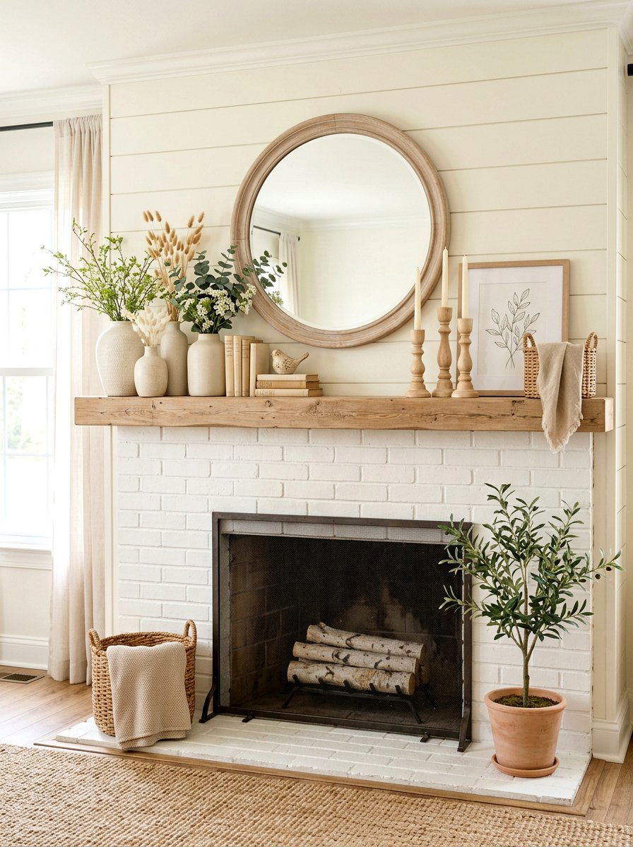 Neutral Spring Mantel - 25 Spring Farmhouse Fireplace Ideas