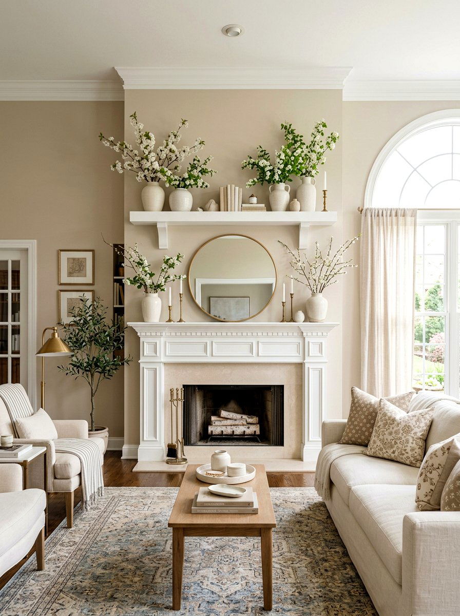 Neutral Spring Mantle Shelf - 25 Spring Floating Shelf Decor Ideas