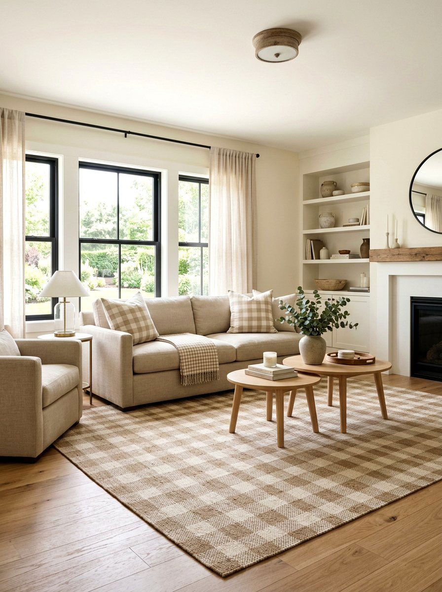 Neutral gingham living room - 25 Spring Gingham Decor Ideas