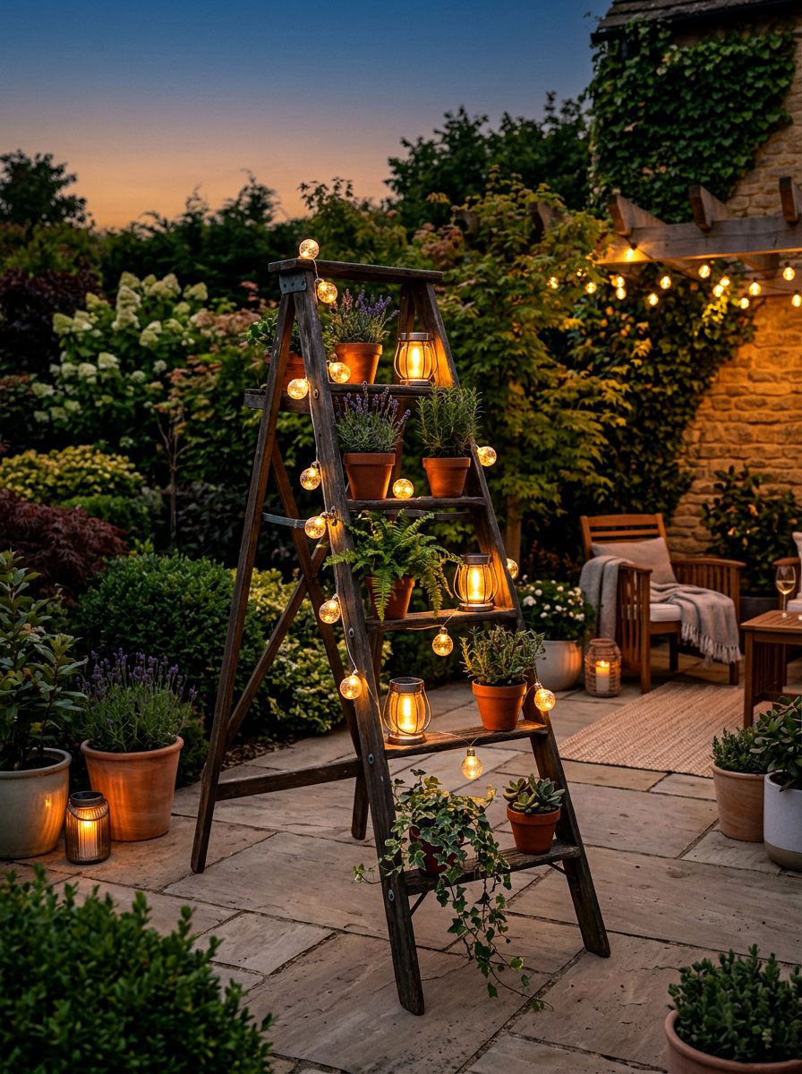 Night Lighting Garden Ladder - 25 Spring Garden Ladder Display Ideas