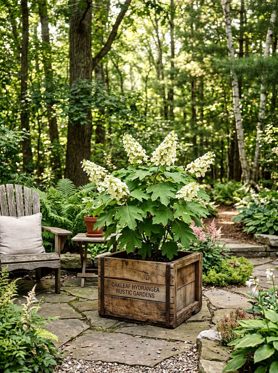 Oakleaf Hydrangea Wooden Crate - 25 Spring Hydrangea Planter Ideas